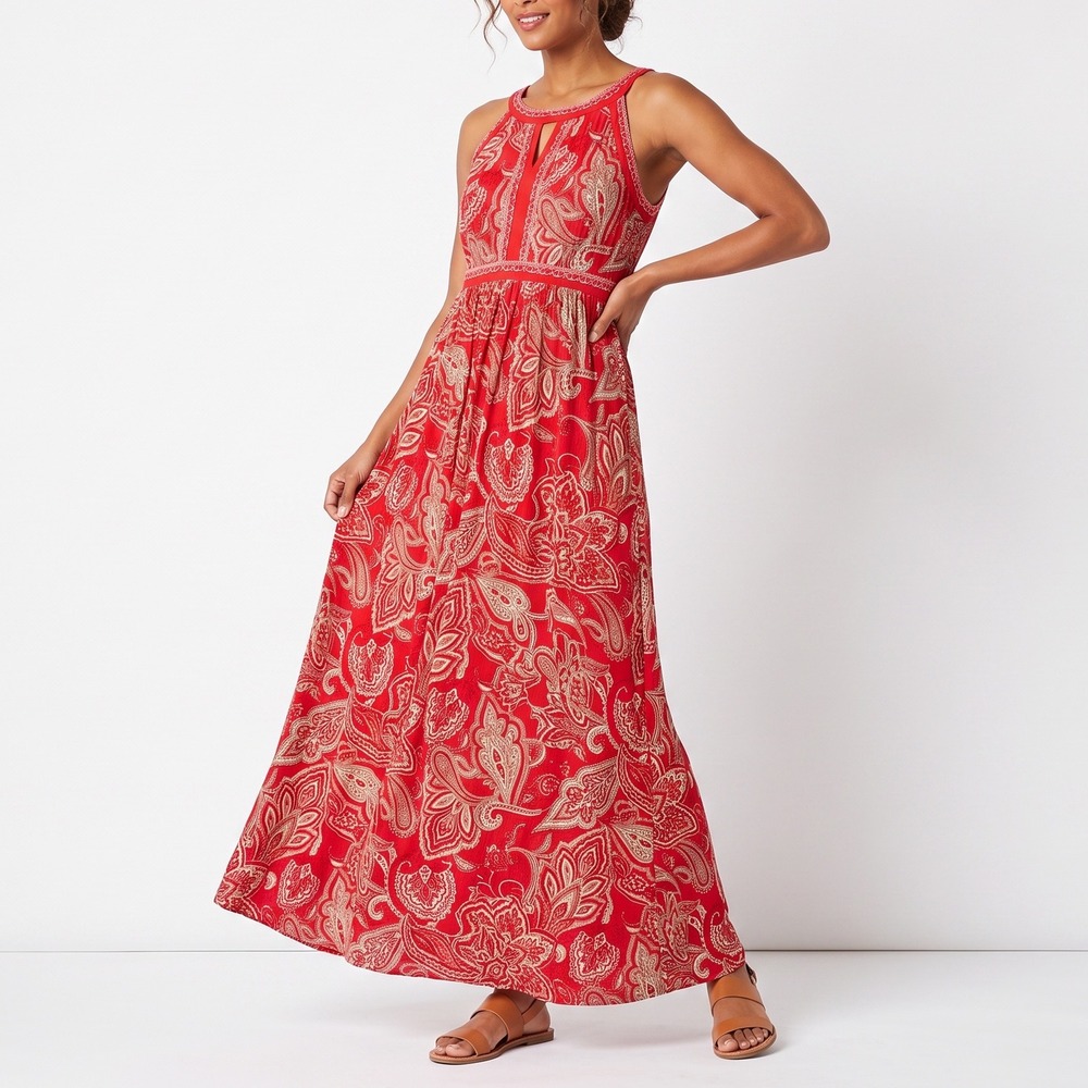 INC Maxi Dress Womens 2X Paisley Red Sleeveless Keyhole Halter Excellent